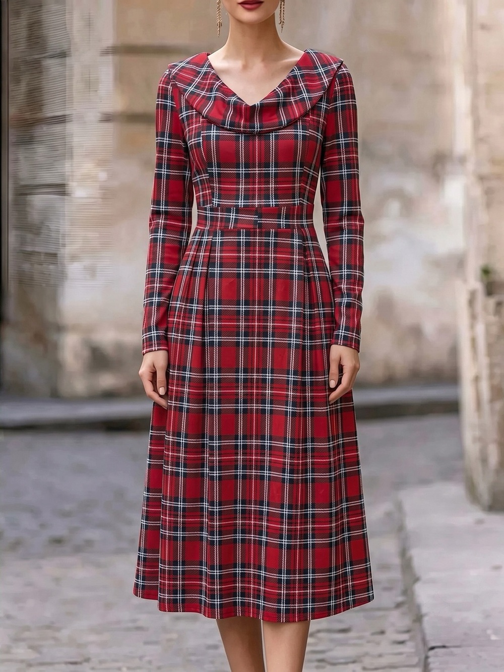 Vintage Plaid Long Sleeve Midi Dress